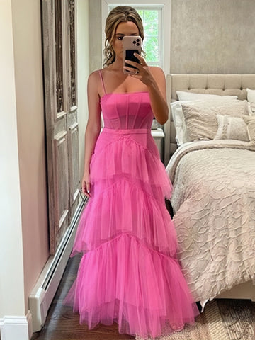 Hot Pink Ruffles Tulle Maxi Party Dress