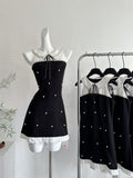 Ruffled Hem Sparkling Pearl Black Dress