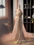 Gold Halter Beading Sequin Mermaid Prom Dress With Detachable Bow