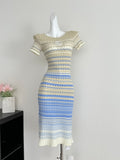 Stripe Knitted Short Sleeve Slim-Fit Midi Dress