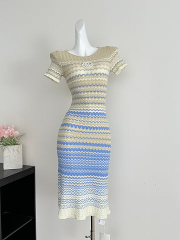 Stripe Knitted Short Sleeve Slim-Fit Midi Dress