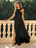 Chiffon Black Halter Formal Dress With Slit