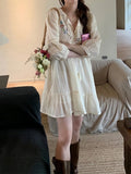 French Embroidered Floral Holiday Ruffled Lantern Sleeve Dress