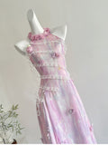 3D Flowers Whimsical Tie Dye Halter Dress
