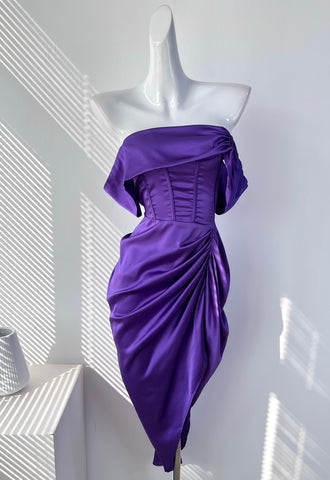 Dramatic Purple Satin Off-Shoulder Dress