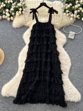 Tiered Ruffles Bow Tied Straps Black Maxi Dress