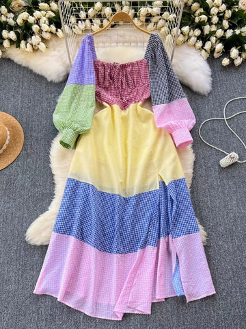 Long Sleeve Checks Colorful Midi Dress