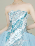 Blue Sheath Sequin Detachable Trian Strapless Prom Dress