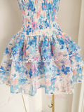 Floral A Line Mini Blue Strapless Homecoming Dress