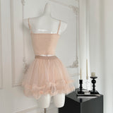 Ruffled Tulle Skirt Ribbon Sleeves Pink Three-Piece Set