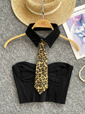 Black Leopard Print Ties Strapless Corset Tops