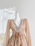 Beaded Long Sleeves Tiered Beige Dress