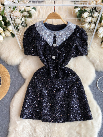 Glamorous Black Glitter Collar Sequined Party Dress