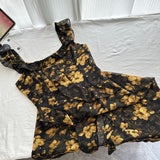 Golden Floral Print Ruffled Square Neck Black Dress