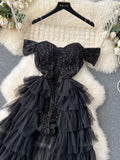Ruffles Luxe Sequined Black Evening Dress