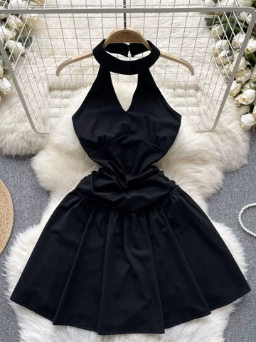 Sophisticated Black Halter Flare Dress