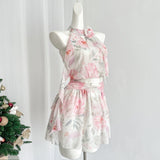 Bow-Tie Halter Neckline Ruffled Skirt Floral Mini Dress