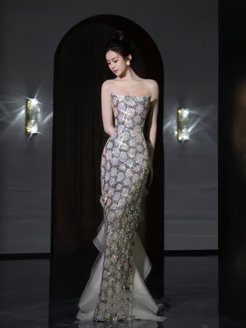 Sequin Strapless Trumpet Mermaid Ruffles Train Prom Dress