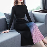 Ribbed Top Belt Sophisticated Pleated Dress