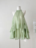 Mint Green Flowy Tiered Style Sheer Halter Dress