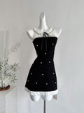 Ruffled Hem Sparkling Pearl Black Dress