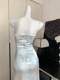 Graceful Adjustable Tie Straps Blue Satin Dress