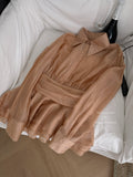 Ruffled Hem Waist Cinching Belt Sheer Silk Blouse