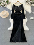 Luxurious Beaded Velvet Long Dress with Sultry Leg Slit