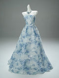 Print Flower A Line Sparkle Light Blue Prom Dress