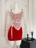 Trendy Two-Piece Red Bow Mesh Top Red Skirt Dress