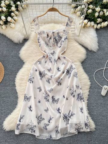 Chic Floral Butterfly Print Midi Dress