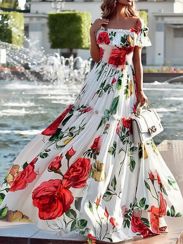 Unique Rose Floral Off Shoulder Maxi Dress