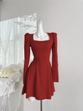 Puffed Shoulders Flared Skirt Red Dress