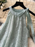 Green Sequined Top Flowing Chiffon Elegant Halter Dress