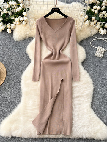 Side Slit Long-Sleeve Beige Ribbed Dress