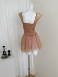 V Neck Sheer Mesh Brown Top Ruched Skirt
