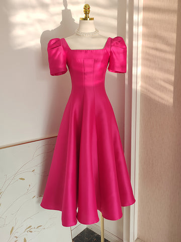 Square Tea Length Fuchsia Short Sleeve Satin Homecoming Dress