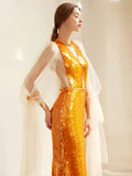 Sequin Trumpet Mermaid Orange Halter Prom Dress