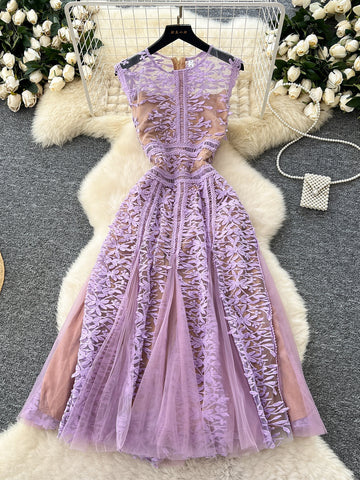 Floral Embroidery Sheer Mesh Black Lace Dress 2XL / Purple Floral Embroidery Sheer Mesh Black Lace Dress 2XL / Purple