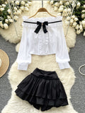 White Off The Shoulder Ruffled Blouse Skirt Set