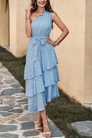 one shoulder ruffle trim dress Jayda One Shoulder Ruffle Trim Maxi Dress Sage