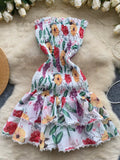 Ruffled Hem Vibrant Print Floral Smocked Summer Dress