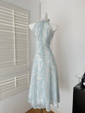 Summer Floral Light Blue Halter Maxi Dress