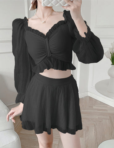 BlackTulle Two Piece Skirt Long-Sleeved Swimsuit