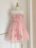 Short Mini Tulle A Line Pink Flowers Homecoming Dress