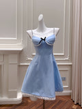 Bow Spandex Spaghetti Straps Blue Beading Homecoming Dress