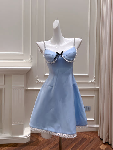 Bow Spandex Spaghetti Straps Blue Beading Homecoming Dress