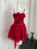 Ruffled Layers Red Strappy Mini Dress