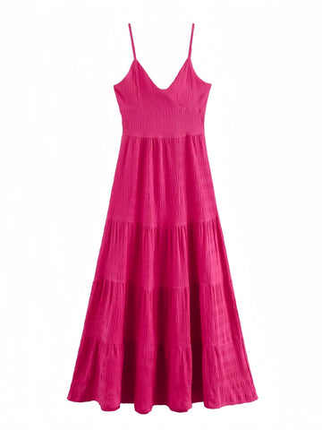 Elegant Hot Pink Maxi Dress with Tiered Skirt