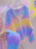 V-Neck Pearls Colorful Gradient Fluffy Sweater